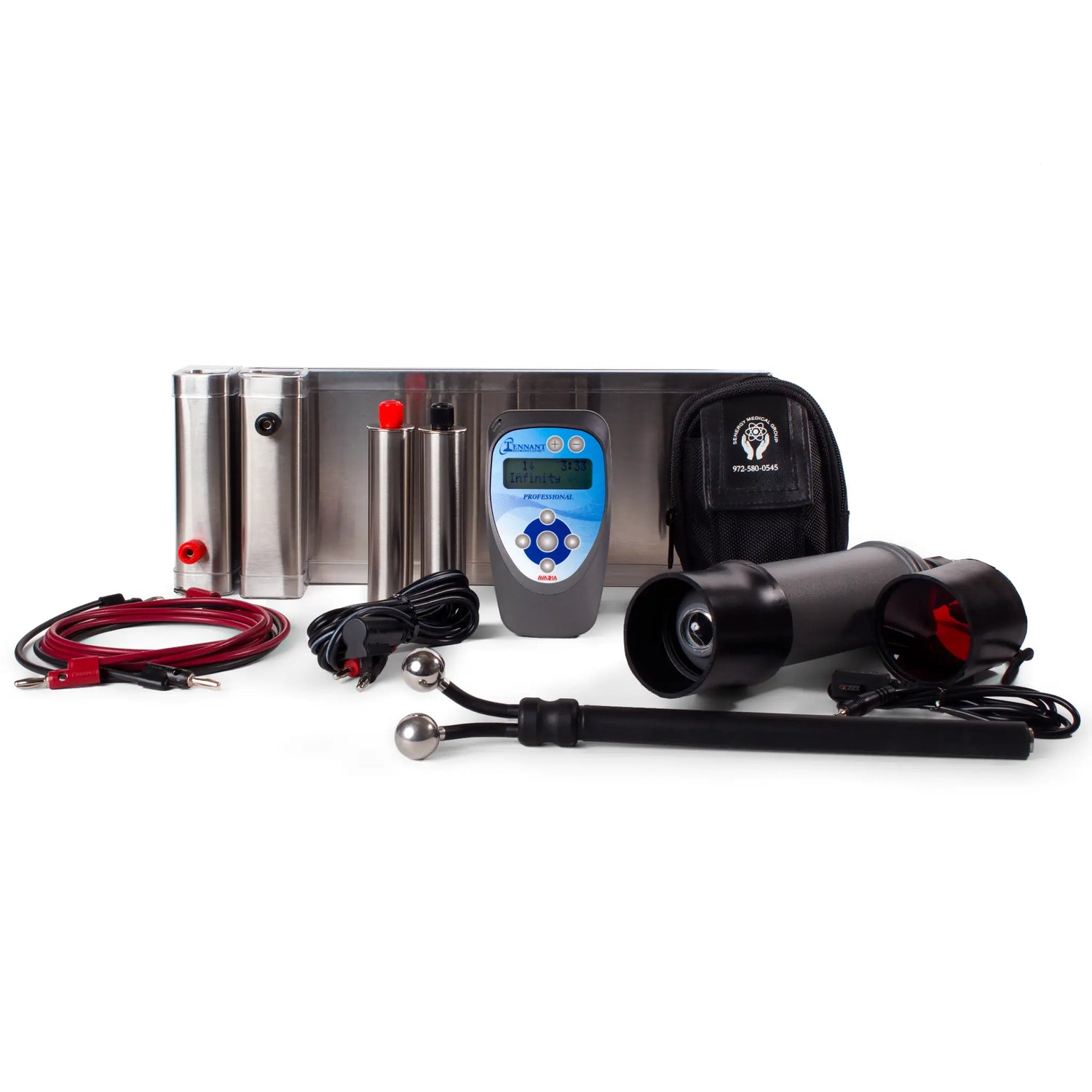 photo of the footplates, hand grips, biomoduloator pro, y-electrode and the biotransducer pro