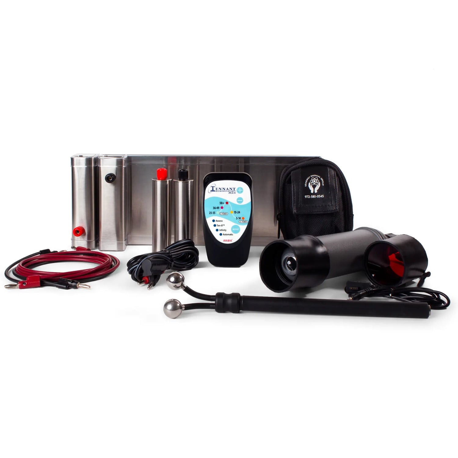 photo of the footplates, hand grips, biomoduloator plus, y-electrode and the biotransducer pro