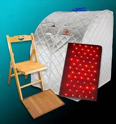 photo of the portable sauna in pearl white, light panel, mat and chair