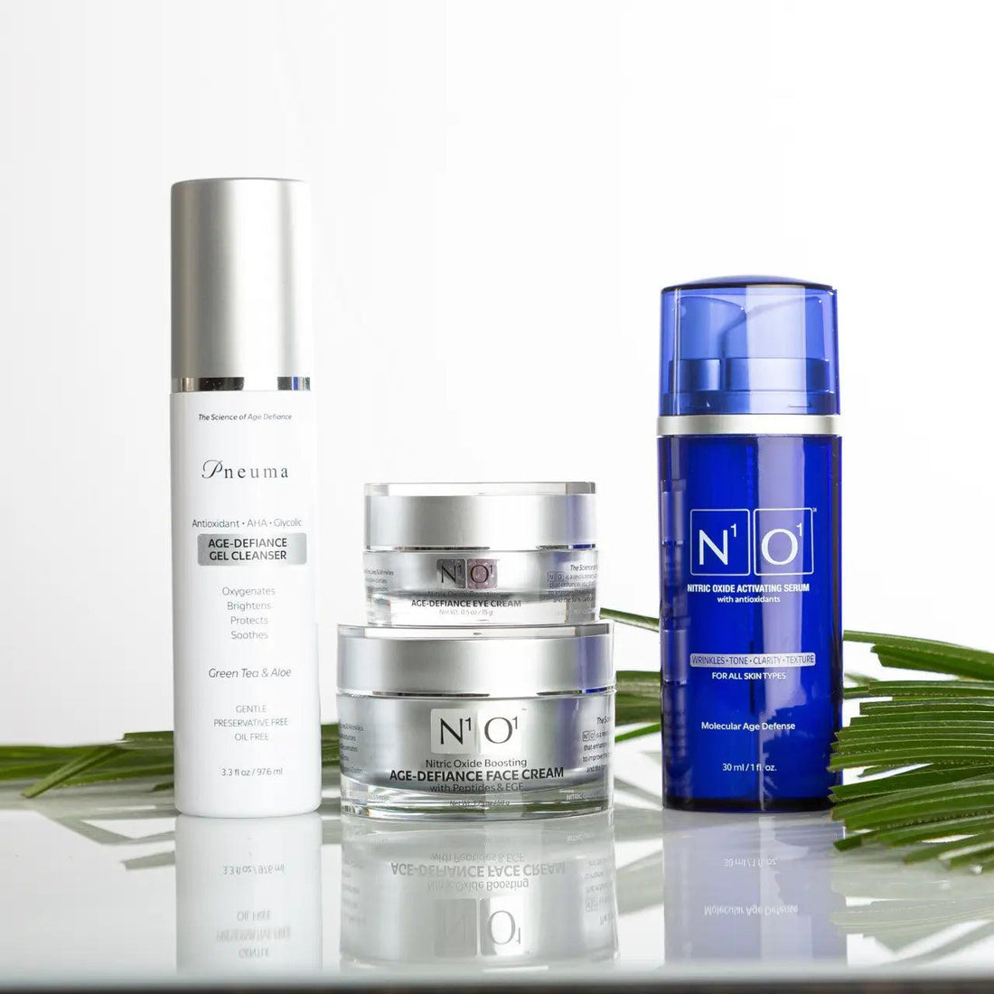 photo of the N1O1 Nitric Oxide activating age-defiance skincare system including the age defiance face cream, age defiance eye cream, the NOxide activating skin serum and the Pnuema age defiance gel cleanser