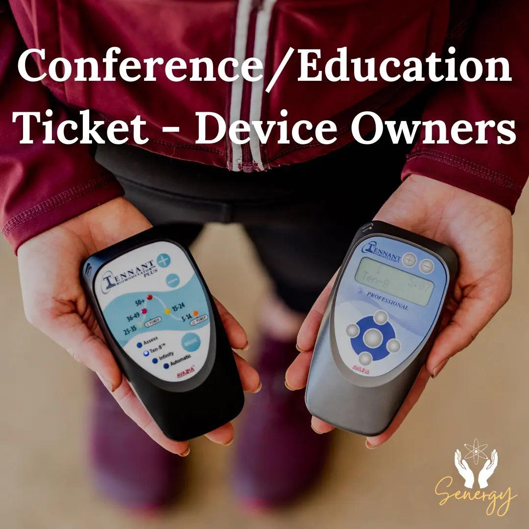 photo of a woman holding a biomodulator pro and plus with the words conference/education ticket - device owners 