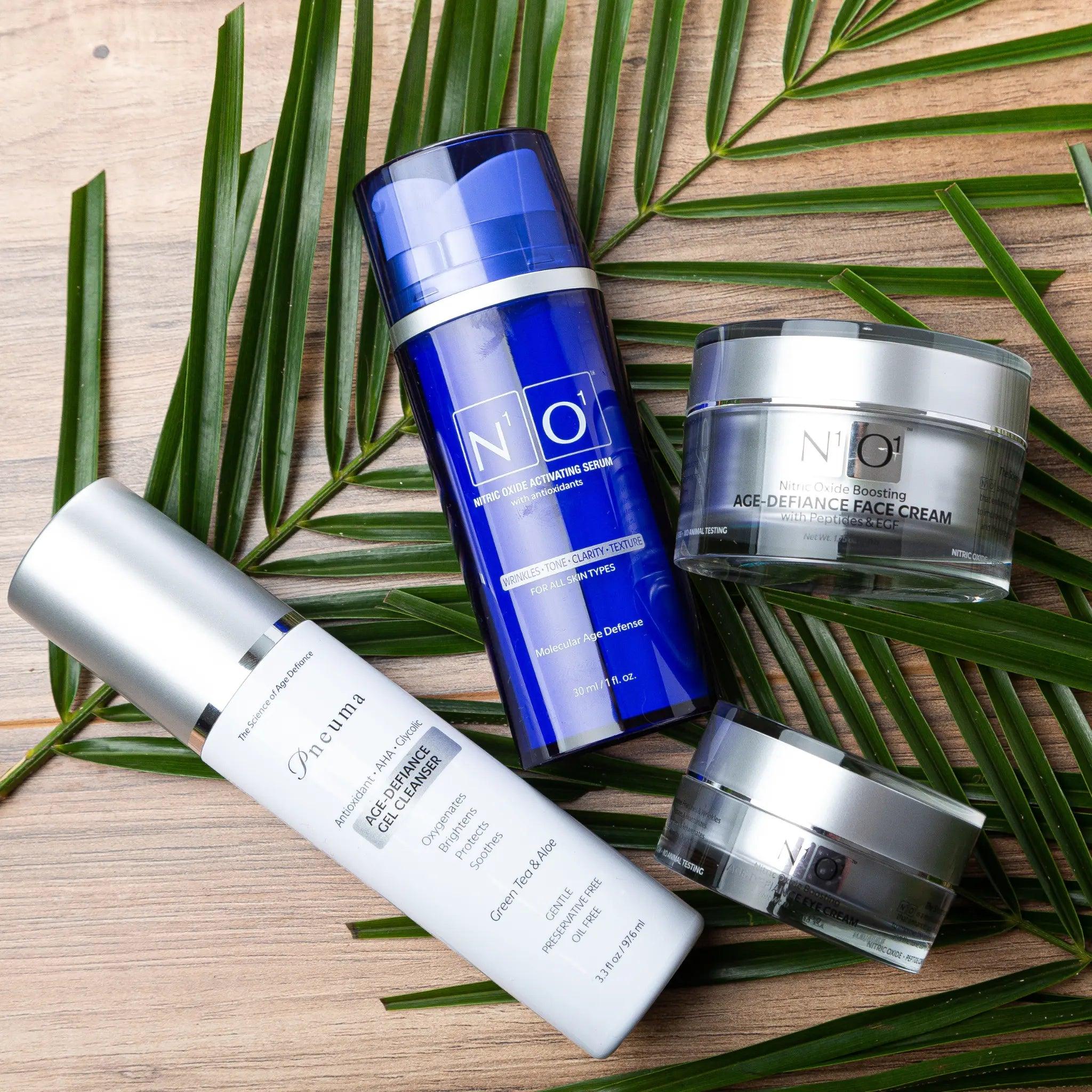 photo of the N1O1 Nitric Oxide activating age-defiance skincare system including the age-defiance gel cleanser, age defiance face cream, age defiance eye cream and the NOxide activating skin serum